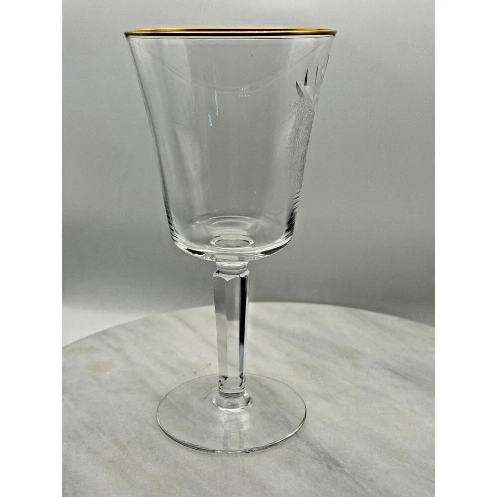 Vintage Lenox Fontaine Wine Glass Gold Rim Etched Crystal USA 1976-1986 6.75